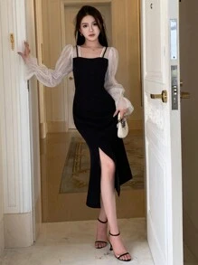 DAZY Contrast Mesh Flounce Sleeve Split Thigh Dress Prom Dress,Ruffle,Fall Dress Elegant Women Dresses - Black - View 4