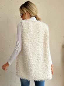 SHEIN LUNE Open Front Fuzzy Vest Coat - Beige - View 2