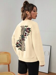 SHEIN Essnce Đồ họa hoa & khẩu hiệu Thả vai Áo nỉ - Màu Khaki - Xem 3