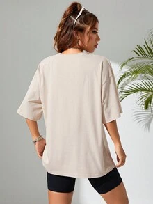 SHEIN EZwear Cattle & Slogan Graphic Drop Shoulder Tee - Apricot - View 2