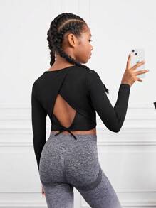 SHEIN Cô gái Tween Chất rắn Cắt dán Buộc lại Mùa vụ Hoạt động Áo thun - màu đen - Xem 4