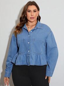 SHEIN LUNE Plus Drop Shoulder Ruffle Hem Denim Blouse - Blue - View 1