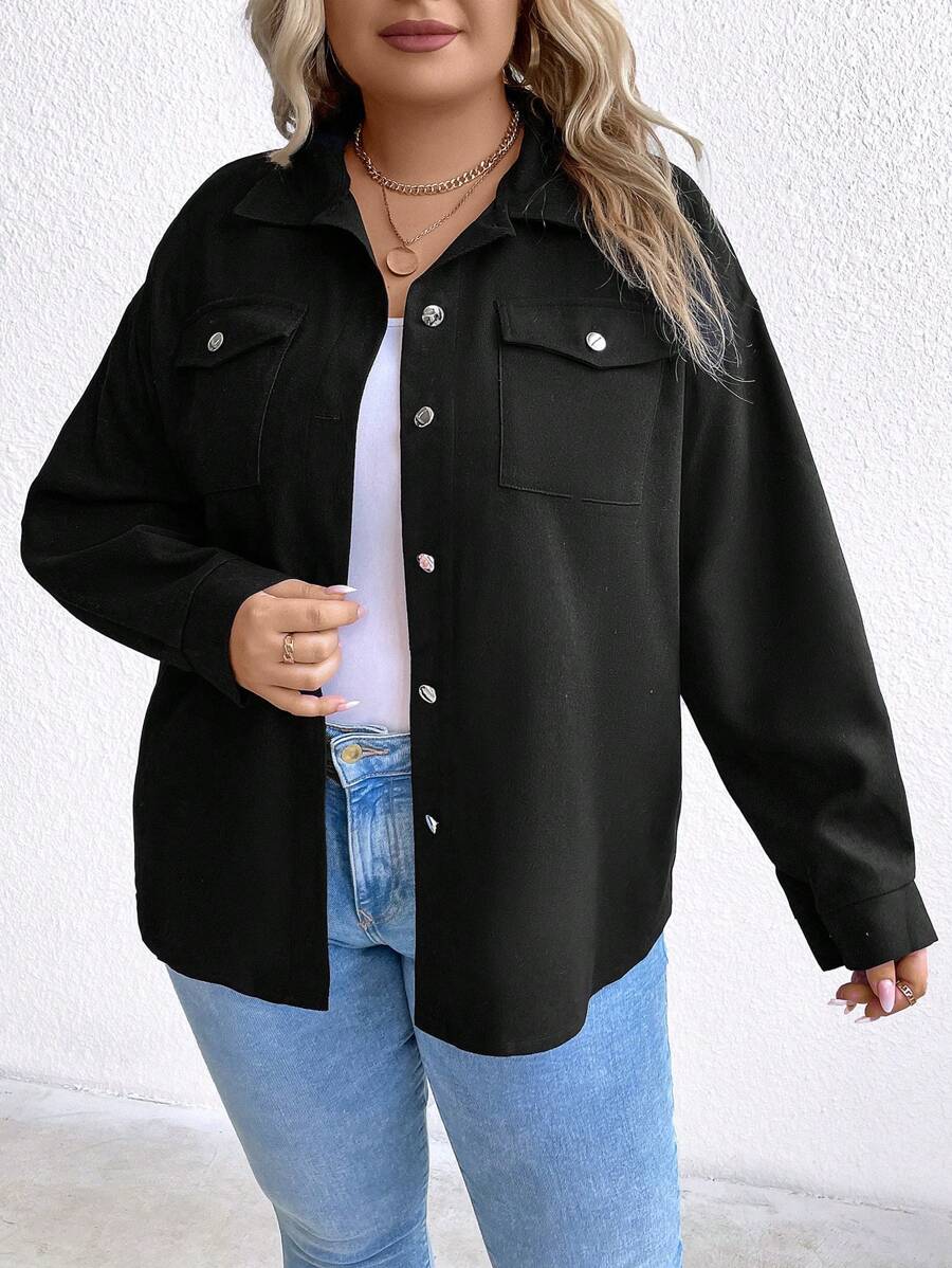 SHEIN LUNE Plus Flap Pocket Drop Shoulder Jacket - Black - View 1