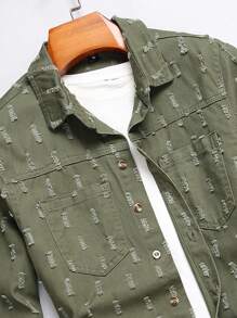 Manfinity Homme 男士纯色口袋贴片饶舌歌手时尚纯色牛仔衬衫（不含 T 恤），适合派对 - 軍綠色 - 查看 3