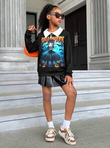 SHEIN Tween Girl Halloween Print Contrast Collar Sweatshirt - Black - View 5