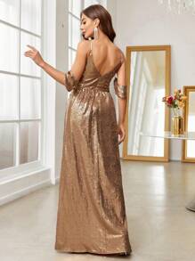 SHEIN Belle Đầm suông xẻ đùi lạnh vai - Rượu sâm banh - Xem 2