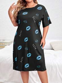 Plus 唇形字母图案睡衣连衣裙，Moo Moo 睡裙 - 藍色 - 查看 4