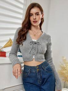 Cárdigan crop con cordón delantero - Gris - Ver 1