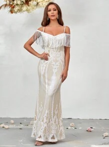 SHEIN Belle Cold Shoulder Fringe Trim Mermaid Hem Sequin Formal Dress - Beige - View 5