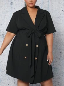 SHEIN CURVE+ Plus Lapel Neck Double Breasted Belted Blazer Dress - Black - View 4