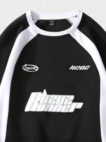 Claim Dot Men Letter Graphic Raglan Sleeve Long Sleeve Going Out Color Block Sweatshirt, Oversize Jersey, Fall - Black - View 4