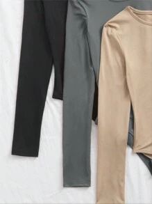 Zolique 3pcs Solid Basic Tee Bodysuit Fall Cloth For Women - Multicolor - View 4