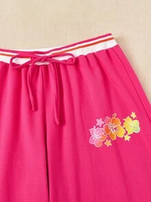 SHEIN EZwear 大碼印花腰部抽繩衛褲 - 玫紅色 - 查看 5