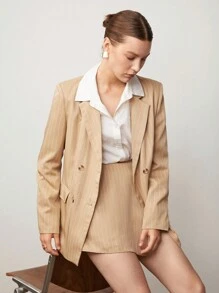 BizChic Lapel Neck Double Breasted Blazer & Skort - Khaki - View 2