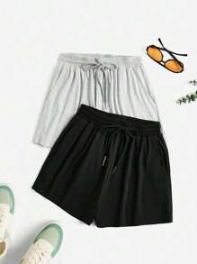 SHEIN Essnce 2pcs Drawstring Waist Track Shorts - Multicolor - View 1