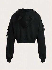 SHEIN EZwear Áo hoodie trễ vai có chi tiết ren họa tiết Halloween, áo dài tay cho mùa thu/đông - màu đen - Xem 2