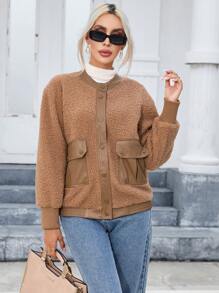 SHEIN Essnce 翻蓋口袋落肩袖毛絨夾克 - 卡其色 - 查看 5