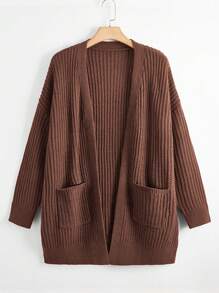 Elenzga Plus Size Dual Pocket Drop Shoulder Cardigan, For Winter Fall Cloth For Women - Coffee Brown - View 1