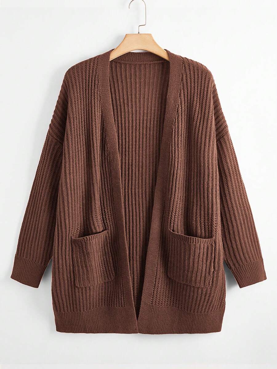 Elenzga Plus Size Dual Pocket Drop Shoulder Cardigan, For Winter Fall Cloth For Women - Coffee Brown - View 1