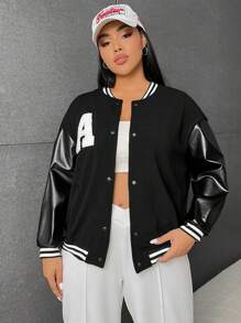 SHEIN EZwear Plus Letter Patched Striped Trim Drop Shoulder Varsity Jacket - Black - View 3