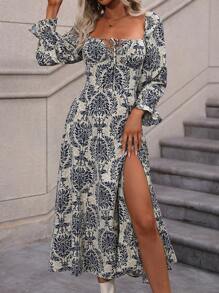 SHEIN LUNE 满版印花系带喇叭袖开衩长裙女装 - 藍色 - 查看 1