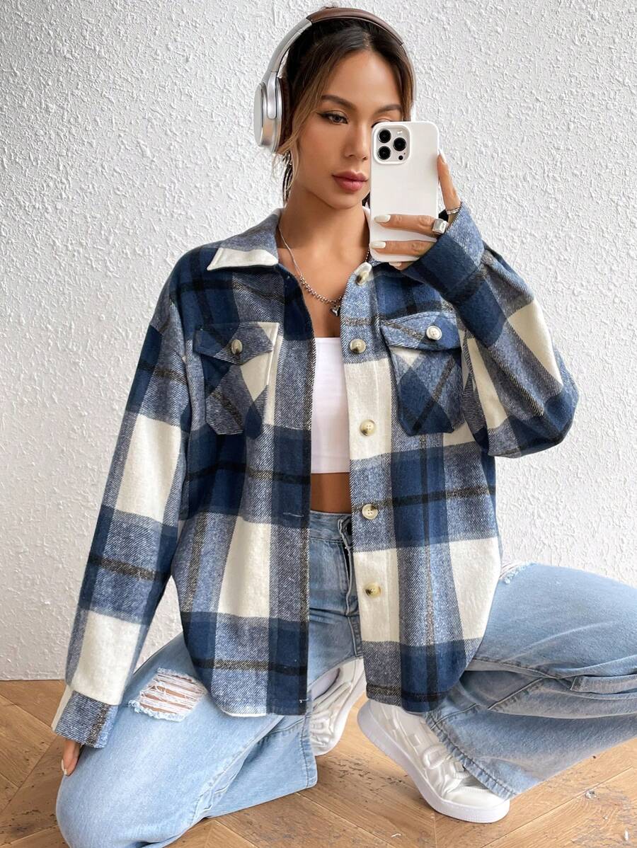SHEIN Unity Plaid Print Drop Shoulder Flap Pocket Shirt,Long Sleeve Tops Fall Cloth For Women - Navy Blue - View 1