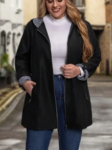 EMERY ROSE Plus Gingham Print Zip Up Hooded Coat - Black - View 3