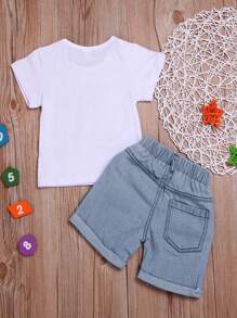 SHEIN Bộ thời trang bé trai Lá thư Nhiều màu Casual - Xanh và trắng - Xem 2