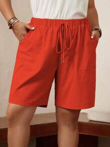 SHEIN LUNE Plus Solid Knot Waist Slant Pocket Shorts - Burnt Orange - View 5
