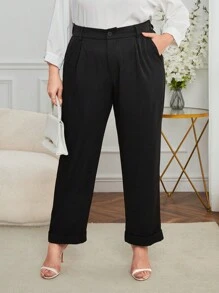 SHEIN Privé بنطلون تفاصيل خياطة جيب مائل مقاس كبير - الأسود - مشاهدة 3