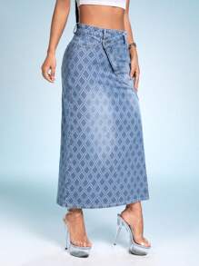 SHEIN ICON Allover Print Split Thigh Denim Skirt - Blue - View 5