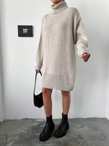 EURMUSE Turtleneck Drop Shoulder Sweater Dress - Beige - View 4