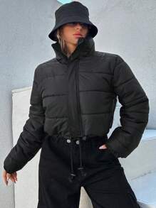 RueChic Plus Zip Up Puffer Coat - Black - View 5