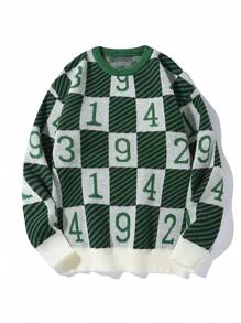 Manfinity Hypemode 男士棋盤格&字母圖案套頭毛衣 - 綠色 - 查看 3