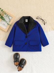 Baby Boy Contrast Lapel Neck Flap Detail Button Front Coat - Blue - View 1