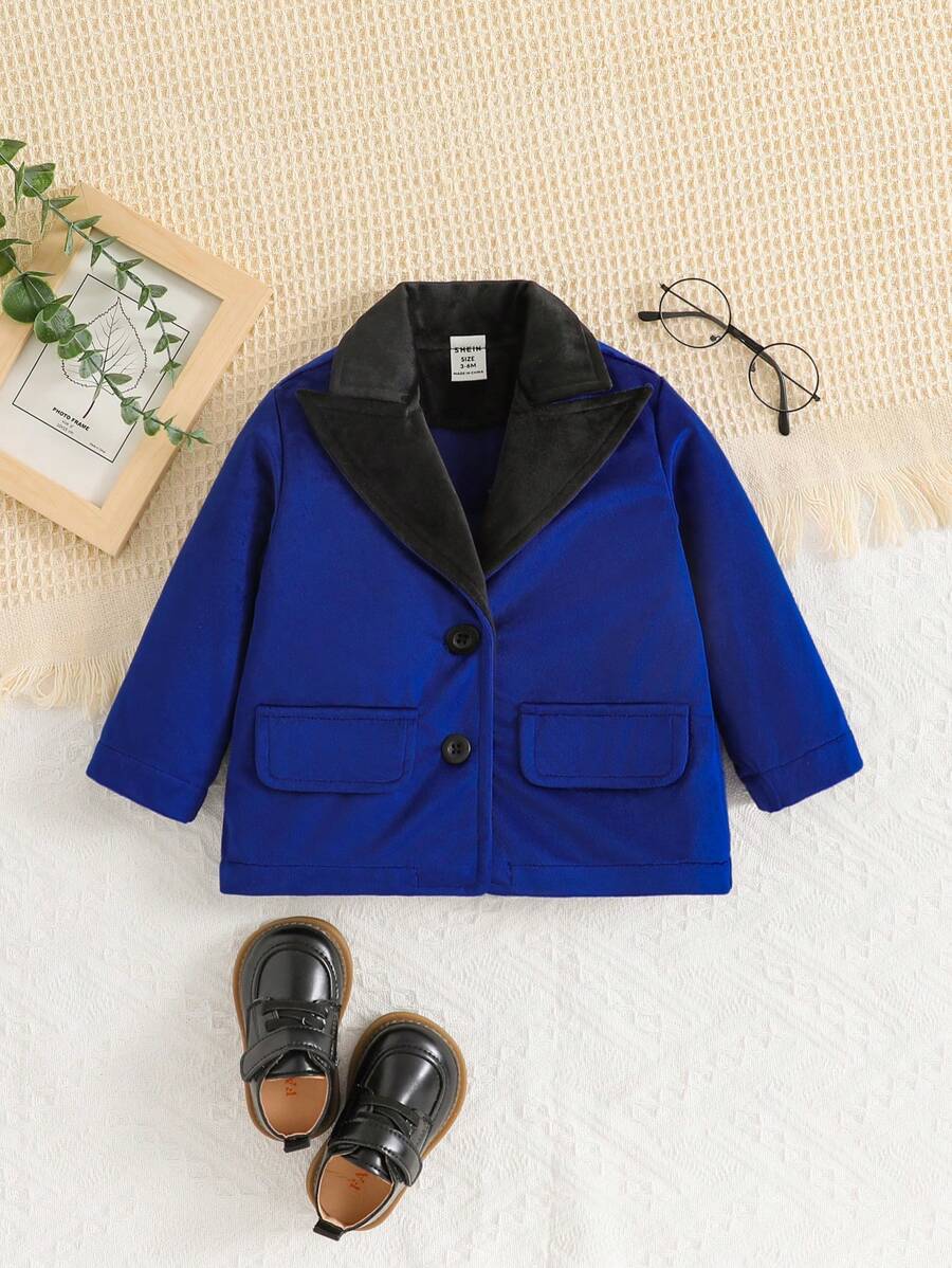 Baby Boy Contrast Lapel Neck Flap Detail Button Front Coat - Blue - View 1