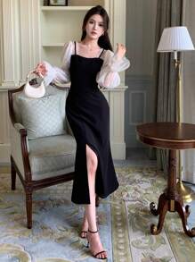 DAZY Contrast Mesh Flounce Sleeve Split Thigh Dress Prom Dress,Ruffle,Fall Dress Elegant Women Dresses - Black - View 1