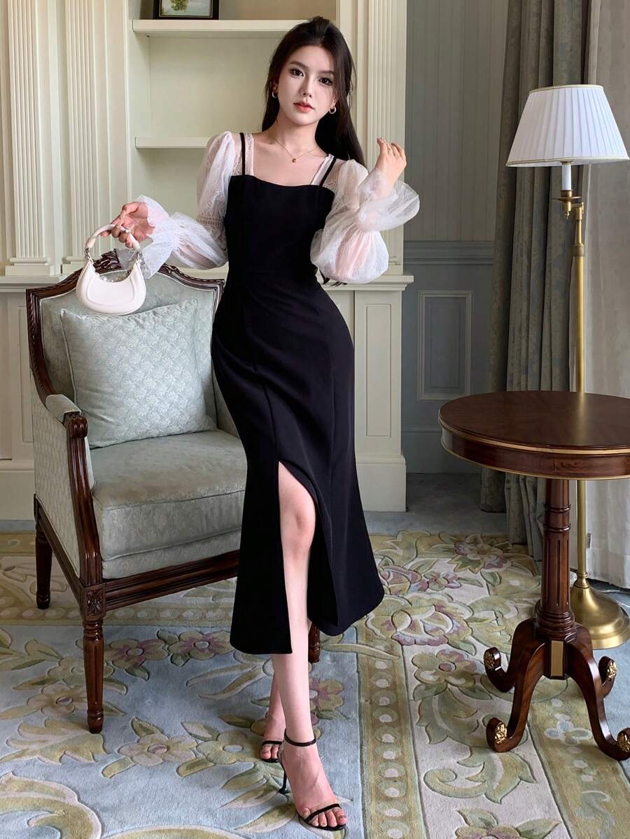 DAZY Contrast Mesh Flounce Sleeve Split Thigh Dress Prom Dress,Ruffle,Fall Dress Elegant Women Dresses - Black - View 1