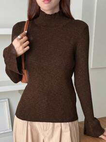 DAZY 小高領荷葉邊袖毛衣 - 棕色 - 查看 3