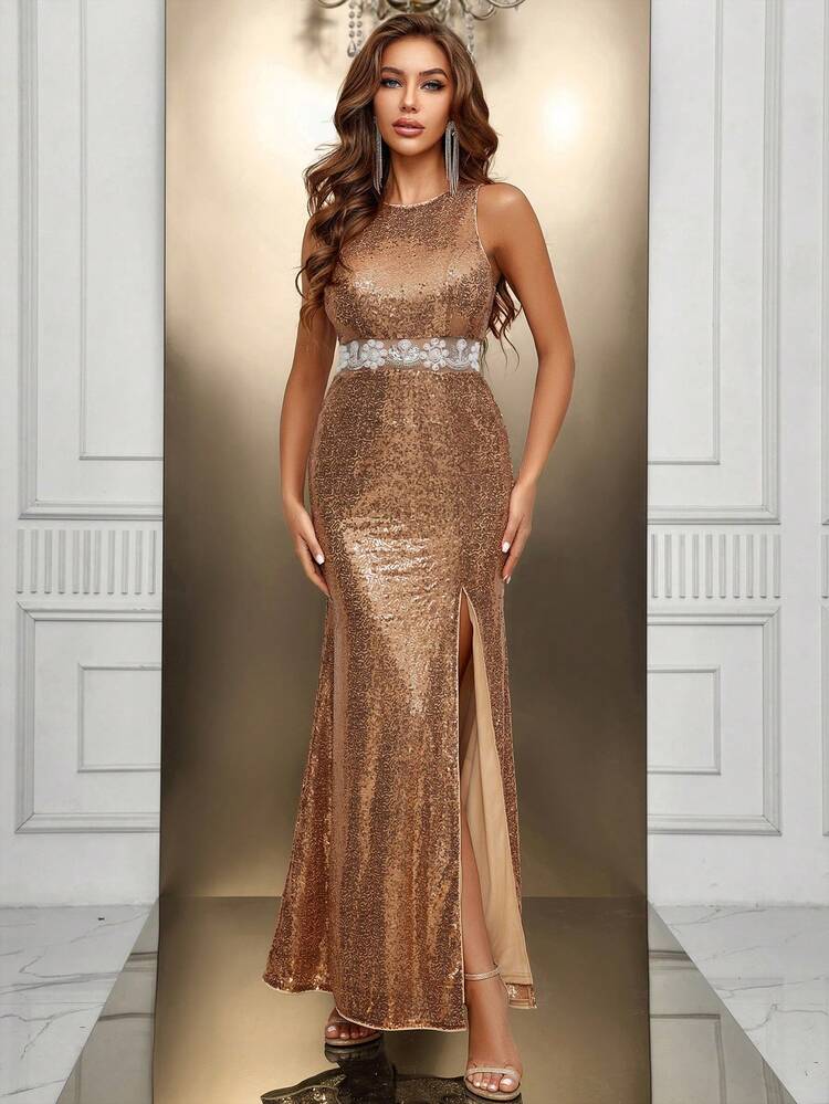 Split Thigh Sequin Formal Dress