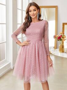 SHEIN Belle Rhinestone Mesh Formal Dress - Pink - View 4