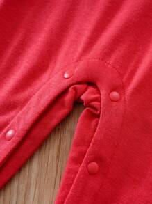 Baby Girl Striped & Christmas Print Raglan Sleeve Jumpsuit - Red - View 6