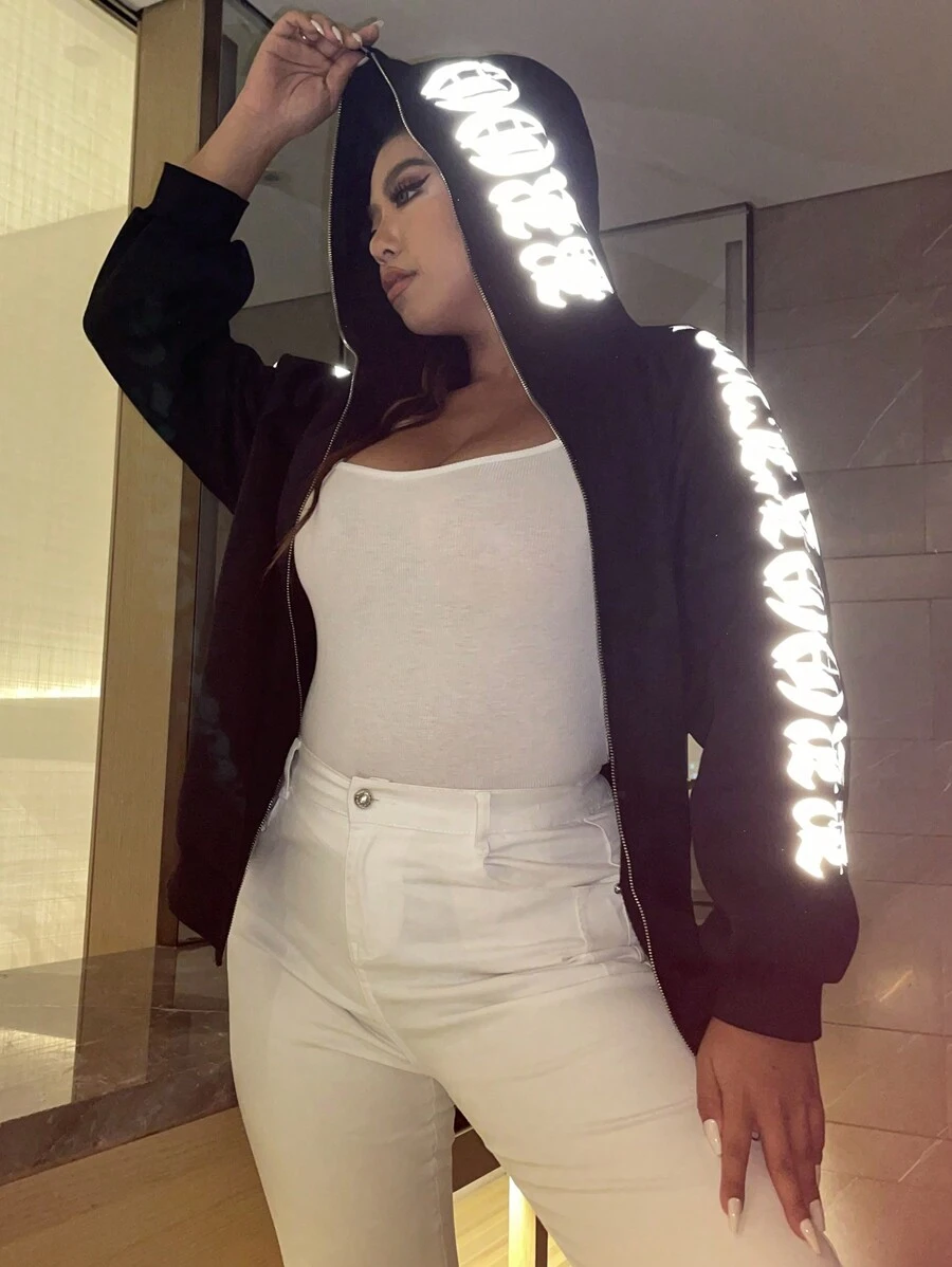 Plus Size Reflective Letter Graphic Zip Up Sweatshirt Thermal - Black - View 1