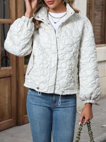 SHEIN LUNE Drawstring Hem Drop Shoulder Quilted Coat Fall Cloth For Women - Beige - View 3