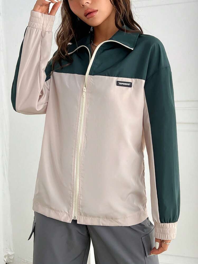 Two Tone Letter Patched Zip Up Coat