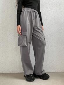 SHEIN Unity Flap Pocket Side Drawstring Waist Cargo Pants Fall Cloth For Women - Grey - View 7