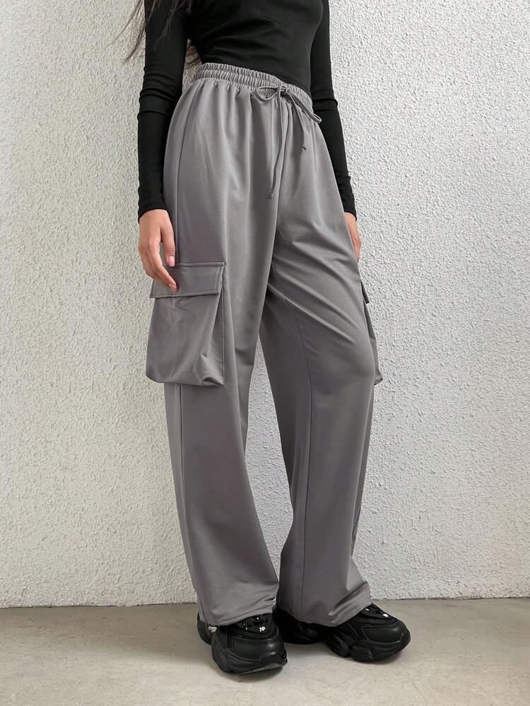 Flap Pocket Side Drawstring Waist Cargo Pants Fall Cloth For Women