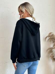 SHEIN Unity Zip Up Drawstring Thermal Lined Hoodie - Black - View 2