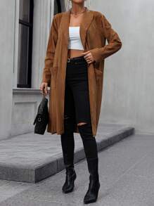 SHEIN LUNE Dual Pocket Open Front Coat Fall Cloth For Women - Brown - View 4