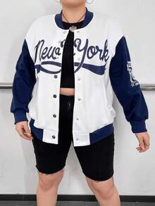 Flirla 大碼字母圖案撞色落肩袖飛行員夾克 - 彩色 - 查看 5